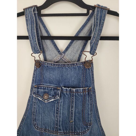 American Eagle Shortall's XS Womens Overalls Medium Wash Distressed Bottoms - Picture 2 of 5